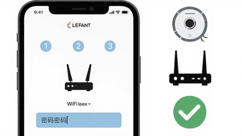 ��������Ϊ�ֻ���Ļ��д����Ļ����ʾLefant��WiFi��������ҳ�棬ҳ�����в�����š�·����ͼ��������������ֻ��Ҳ��Ա�ƽͼ����ʽ����ɨ�ػ����ˡ�·�����빴ѡ�Ժţ�����Ϊ���ֻ���ͼ��Ⱥ�ĺ����Ű棬���Ϊ����ƽ����ѧ�廭�磬ϸ������Ļ�ڳ���