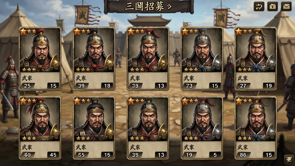 一款三国策略游戏中武将招募界面,画面展示多位三国名将卡牌排列在屏幕上,卡牌带有星级标识与属性数值,背景为古代军营场景,风格写实,画质清晰,布局整齐,干净无多余元素
