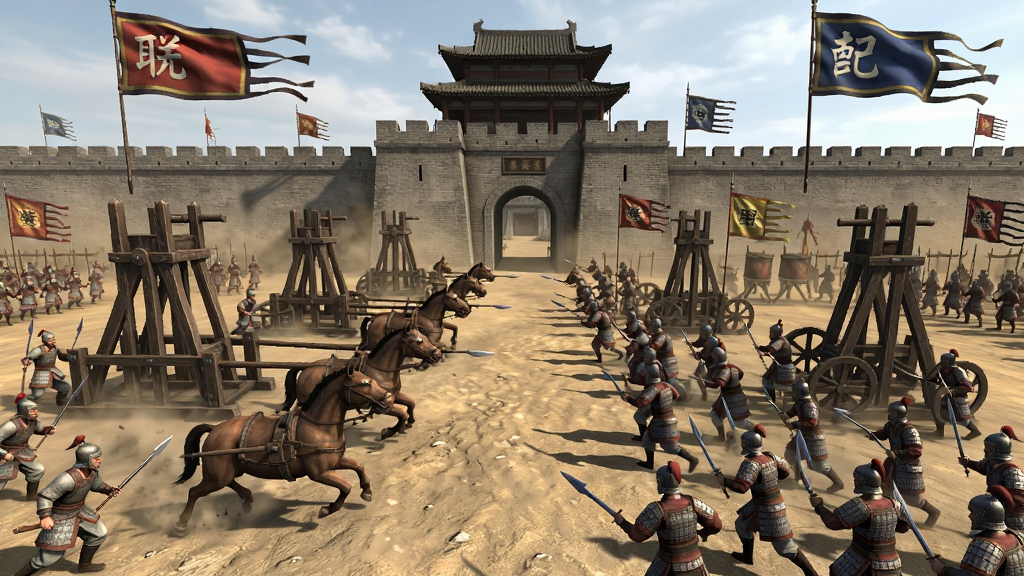 一款三国策略游戏中的联盟对战场景,画面展示两支古代军队在城池前交战,有攻城器械与士兵冲杀,画面顶部有联盟旗帜标识,风格写实,动作感强,画质清晰,布局有层次,干净无多余元素