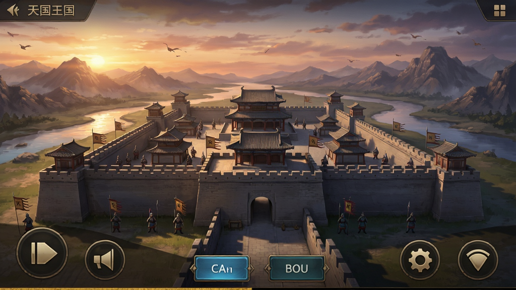 一款以三国为背景的策略手游主界面,画面中央是宏伟的古代城池,城墙上有士兵驻守,远处有山脉与河流,天空呈黄昏色调,画面下方有游戏操作按钮,整体风格写实且带有史诗感,画质清晰,干净整洁,无多余元素