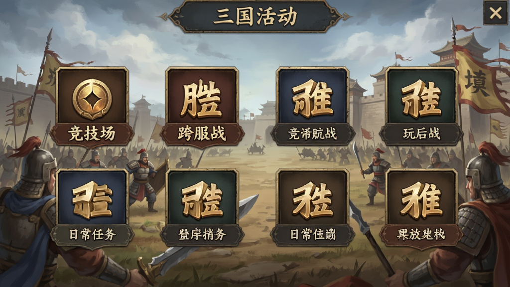 一款三国策略游戏的活动界面展示,画面中有多个玩法入口图标排列,包括竞技场、跨服战、日常任务等按钮,背景为古代战场插画,风格统一,排版整齐,画质清晰,干净无多余元素