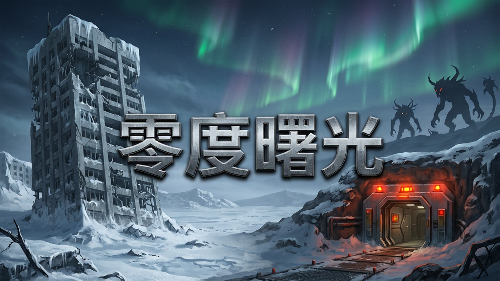 一幅末世废土场景的概念图,画面左侧是半埋在冰雪中的废弃高楼,右侧是闪烁着警示灯的地下避难所入口,远处有极光与变异生物剪影,画面中央用金属质感字体写“零度曙光”,风格冷峻写实,布局开阔,画质高清,干净无杂乱元素