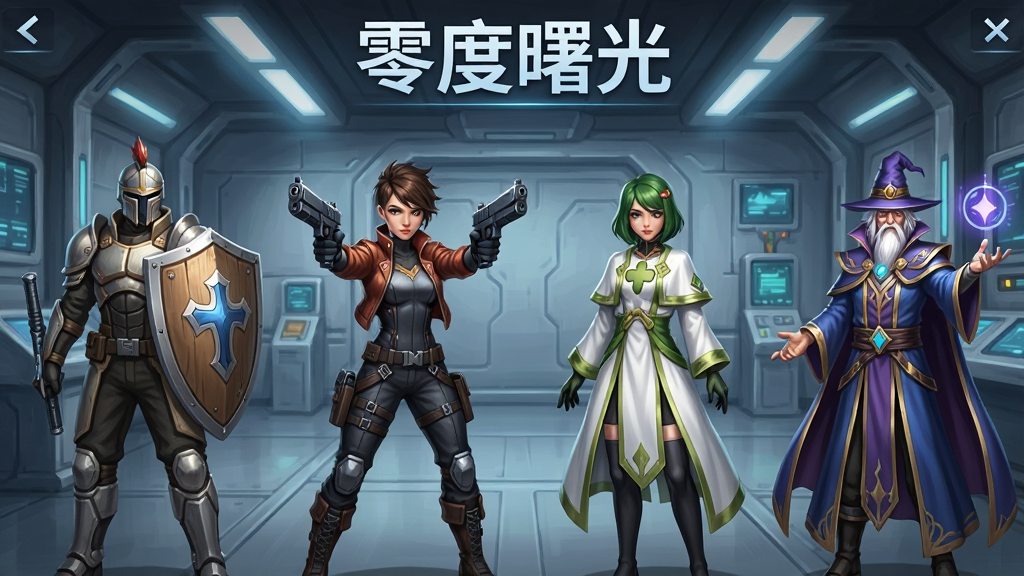 一张角色养成界面的展示图,画面中排列着四名不同职业的游戏角色立绘,左侧为持盾防御者,中间为双枪输出手,右侧为治疗辅助与控场法师,背景是科技感十足的基地舱室,顶部写“零度曙光”字样,风格精致,布局整齐,画质清晰,干净无多余装饰