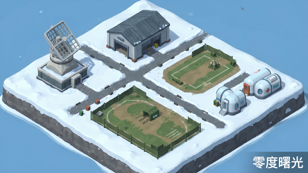 一张基地建设界面的俯视图,画面中展示多个功能建筑分布在雪地平台上,包括雷达站、仓库、训练场与医疗舱,建筑之间有道路连接,界面角落写“零度曙光”,风格简洁明快,布局清晰,画质干净,无多余元素