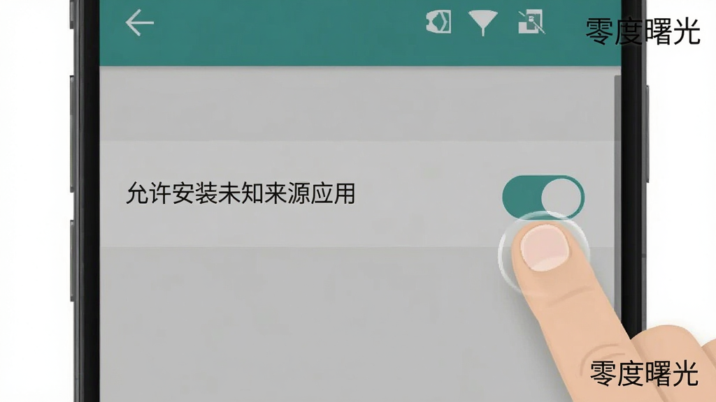一张手机安装应用权限设置的界面示意图,画面展示安卓系统设置页面中“允许安装未知来源应用”的开关选项,旁边有手指点击动作,界面角落写“零度曙光”,风格简洁直观,布局清晰,画质干净,无多余元素