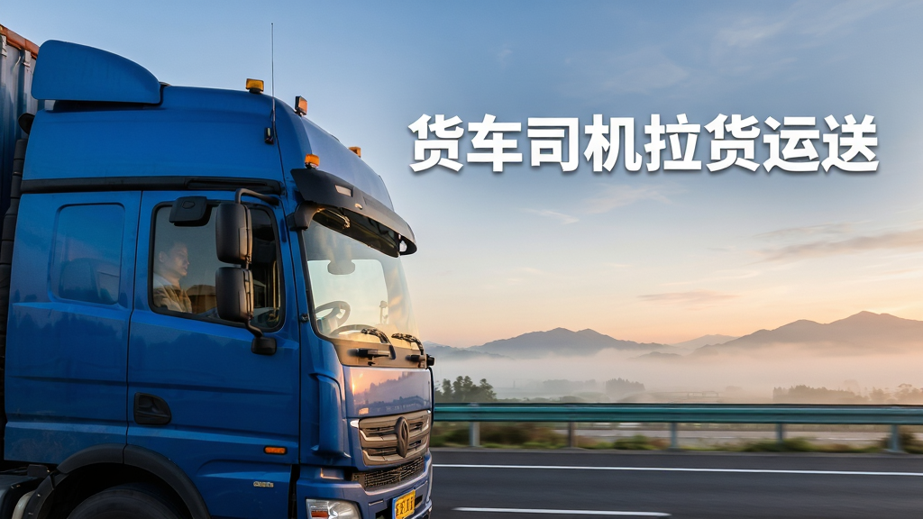 画面主体为一辆蓝色重型货车行驶在清晨的高速公路上,车头朝向画面右侧,驾驶室内隐约可见司机握着方向盘;布局采用三分法构图,货车位于画面左下方,右上方留出大面积天空区域;排版上在天空区域居中放置白色加粗字体“货车司机拉货运送”;风格为写实摄影质感,光线柔和温暖,晨雾轻微弥漫;细节包括路面标线清晰、货车反光镜与车牌可辨、远处有山峦轮廓;画质为高清4K,画面干净,无多余元素。