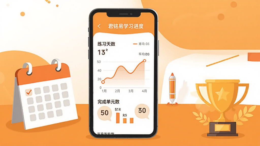 君铭易听说学习进度页面,手机屏幕内展示折线图与柱状图组合的学习数据面板,包含练习天数、平均得分、完成单元数等指标,手机旁边放置日历与奖杯元素,背景为暖橙色与白色搭配,扁平化信息图风格,排版清晰,画质干净,无多余元素
