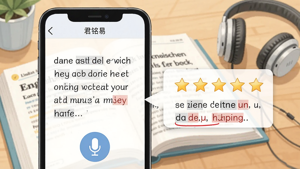 君铭易听说应用界面中展示课文跟读功能,手机屏幕内呈现一句英文课文与麦克风按钮,屏幕旁边浮现发音评分星级与红色标注的错误音节提示,背景为书桌场景,摆放英语课本与耳机,整体风格清新明亮,插画质感,画质干净清晰,无多余元素