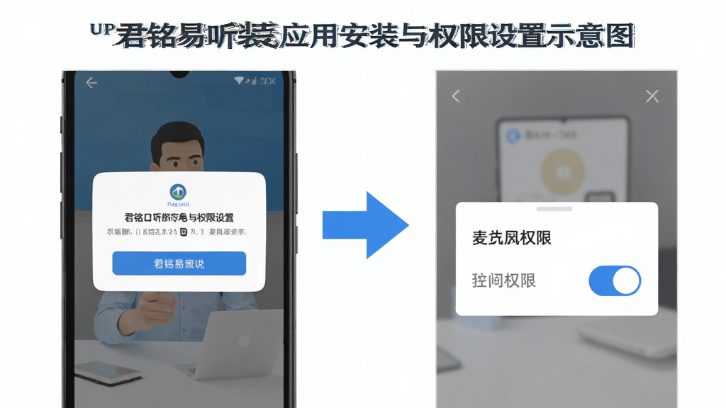 君铭易听说应用安装与权限设置示意图,画面左侧为手机安装界面弹窗,右侧为麦克风权限开关面板,中间用箭头连接,整体采用扁平化信息图风格,配色为蓝色与白色,排版左右分栏,细节清晰,画质干净,无多余元素