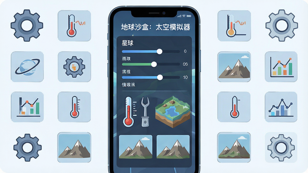 主体为一部手机屏幕显示星球参数面板与地形工具,布局为手机居中、四周环绕齿轮与数据图标,排版呈对称结构,风格为清爽的科技感插画,细节包含滑动条、温度计与山脉缩略图,画质干净无多余元素,画面中可出现文字“地球沙盒:太空模拟器”