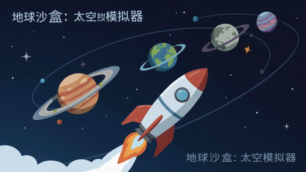 主体为一枚正在升空的火箭与远处多颗行星,布局为火箭位于画面下方、行星沿对角线排布,排版呈动态上升感,风格为科幻感扁平插画,细节包含喷射尾焰、星空背景与轨道弧线,画质干净清晰无多余元素,画面中可出现文字“地球沙盒:太空模拟器”