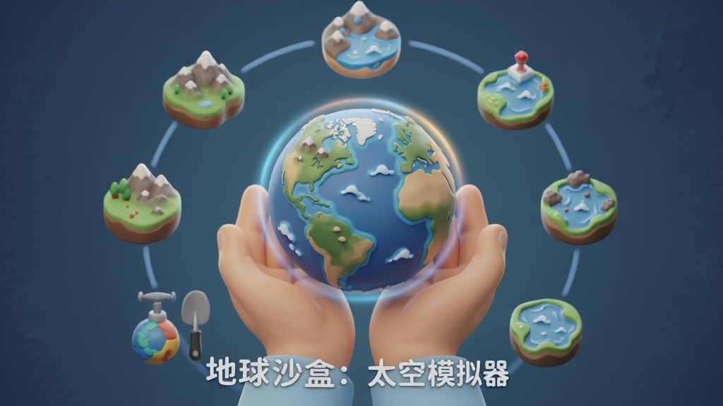 主体为一颗被双手托起的微型星球,布局为星球居中、四周环绕地形工具图标,排版呈环形分布,风格为柔和的3D渲染插画,细节包含山脉隆起、海洋波纹与大气层光晕,画质细腻干净无多余元素,画面中可出现文字“地球沙盒:太空模拟器”
