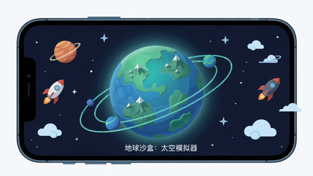 主体为一部横屏智能手机,屏幕上显示一颗蓝绿相间的三维星球与环绕的卫星轨道,布局采用居中构图,手机两侧漂浮着小型行星、火箭与云层图标,排版疏密有致,风格为清爽的扁平化数字插画,细节包含星球表面的山脉纹理、大气光晕与星点背景,画质干净清晰无多余元素,画面中可出现文字“地球沙盒:太空模拟器”