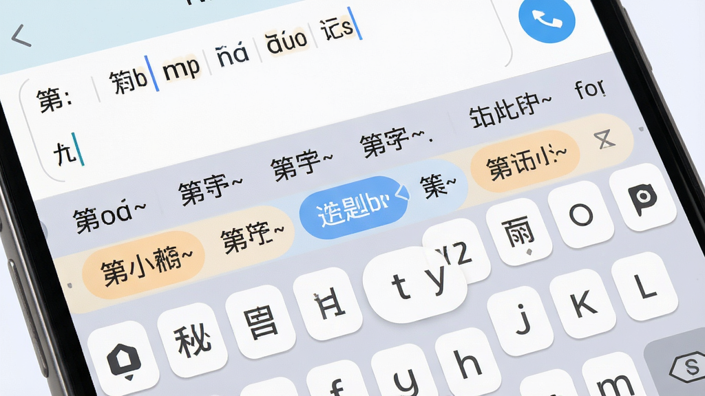 一张展示katip智能输入法候选词联想功能的界面图,主体为手机屏幕特写,布局为上方输入框显示拼音、下方横向排列多个候选词条,排版紧凑有序,风格为移动端UI展示风,细节包括候选词高亮选中状态、键盘按键圆润、界面配色柔和,画质清晰,画面干净无多余元素