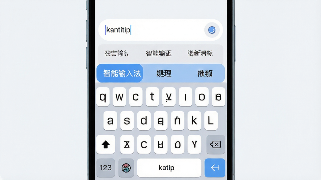 一张展示katip智能输入法手机端输入界面的产品示意图,主体为居中放置的智能手机,屏幕上呈现虚拟键盘与候选词条区域,布局为上下结构,上方是输入框与联想词,下方是九宫格键盘,排版干净整齐,风格为清爽扁平化UI设计,细节包括圆角按键、浅色背景、候选词高亮显示,画质清晰锐利,画面干净无多余元素