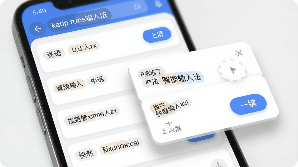 一张展示katip智能输入法快捷短语管理界面的示意图,主体为手机屏幕与悬浮的短语卡片,布局为列表式排列,排版清晰分层,风格为轻拟物UI风格,细节包括短语分类标签、一键上屏按钮、卡片阴影柔和,画质高清,画面干净无多余元素