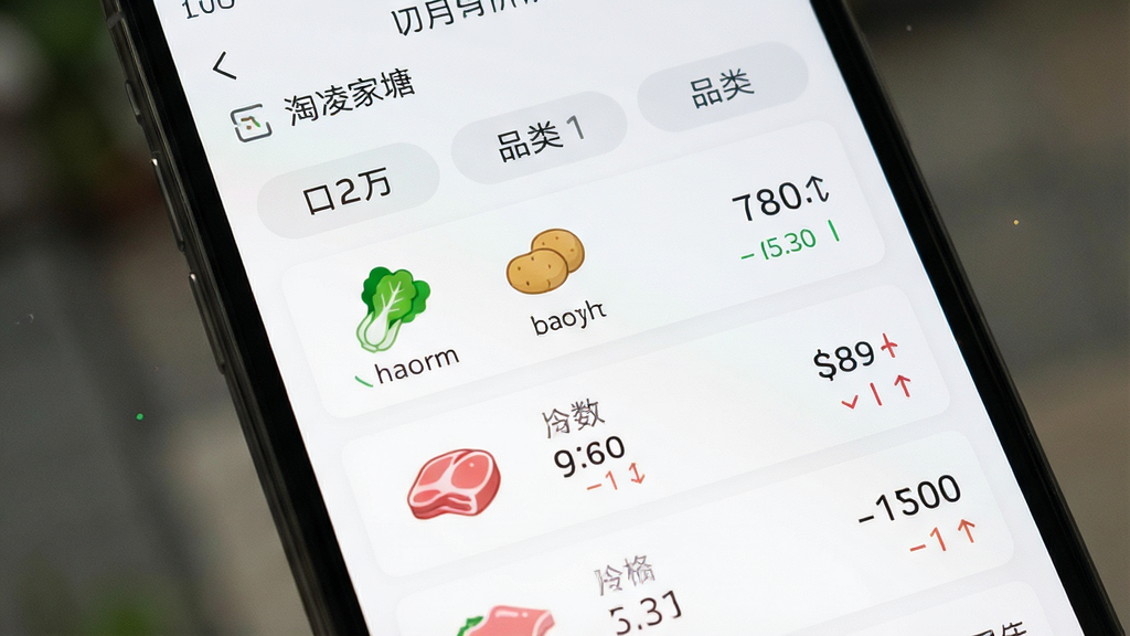 手机屏幕特写,主体为“淘凌家塘”APP的菜价行情页面,布局为顶部日期选择与品类标签,中部为价格列表与涨跌箭头,排版采用卡片式列表,风格简洁实用,细节包含青菜、土豆、猪肉等图标与价格数字,画质清晰,画面干净,无多余元素