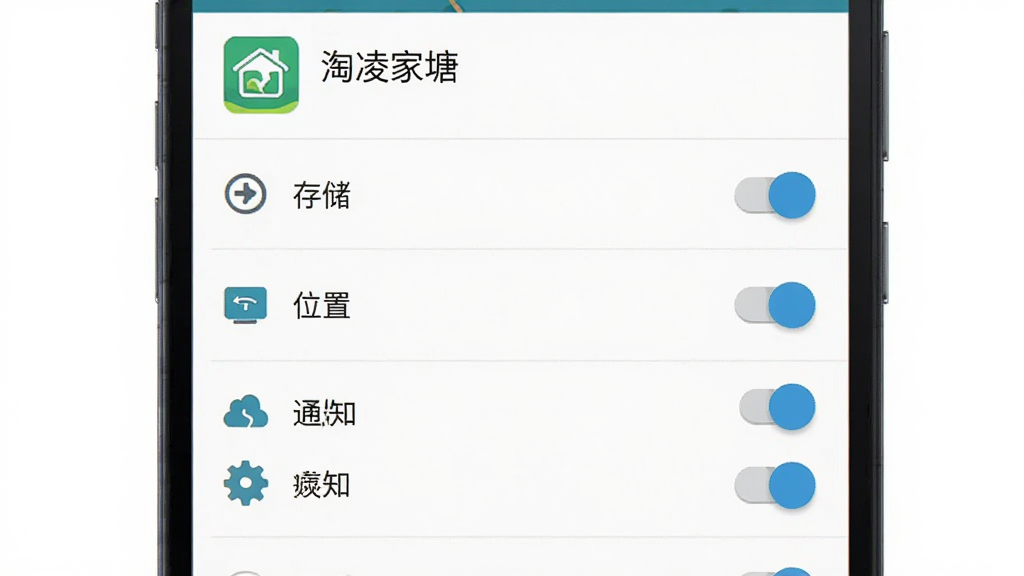 手机安全设置界面示意图,主体为安卓手机的应用权限管理页面,布局上方为应用名称“淘凌家塘”,中部为存储、位置、通知等权限开关列表,排版为纵向列表式,风格为系统原生简洁风,细节包含权限图标与开关按钮,画质清晰,画面干净,无多余元素