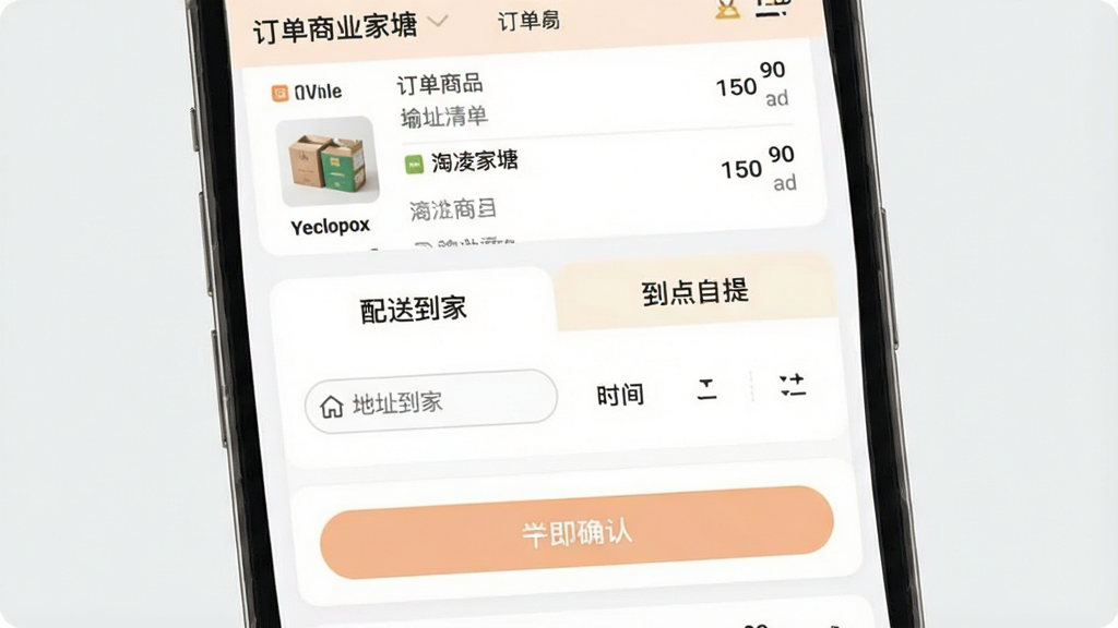 手机应用配送选择界面,主体为“淘凌家塘”APP的结算页面,布局上方为订单商品清单,中部为“配送到家”与“到点自提”两个选项卡,排版为上下结构卡片式,风格为柔和浅色系,细节包含地址输入框、时间选择器、确认按钮,画质高清,画面干净,无多余元素