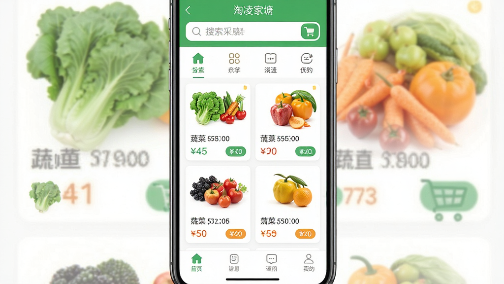 手机应用界面展示,主体为一款名为“淘凌家塘”的生鲜采购APP首页,布局上方为搜索栏与分类图标,中部为蔬菜水果商品列表与价格标签,底部为导航栏,排版整齐清晰,风格为清新明亮的扁平化设计,细节包含新鲜蔬菜图标、购物车按钮、价格数字,画质高清,画面干净,无多余元素