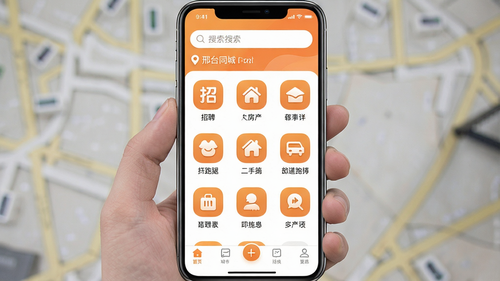 手机屏幕中央展示“邢台同城”应用主界面,顶部为搜索栏与城市定位标识,中部为九宫格功能入口排列整齐,包含招聘、房产、二手、跑腿等图标,底部为导航栏;整体采用暖橙色与白色搭配的清新风格,界面干净整洁,图标圆润统一,画质清晰,无多余装饰元素