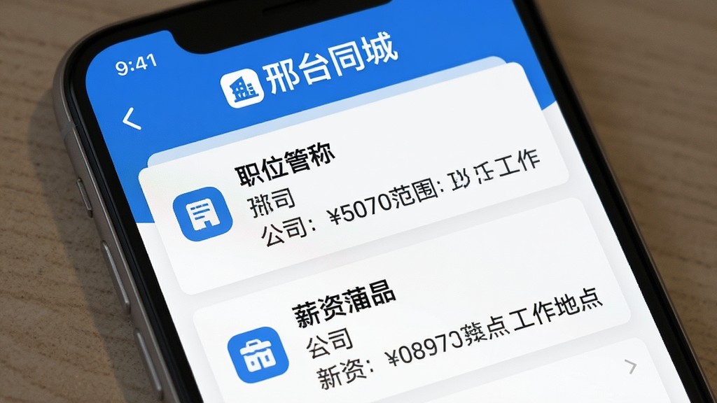 手机界面呈现招聘信息列表,每条岗位显示职位名称、公司名称、薪资范围与工作地点,顶部有“邢台同城”品牌标识,页面采用蓝白配色,布局规整清晰,图标简洁,画质干净无杂乱元素