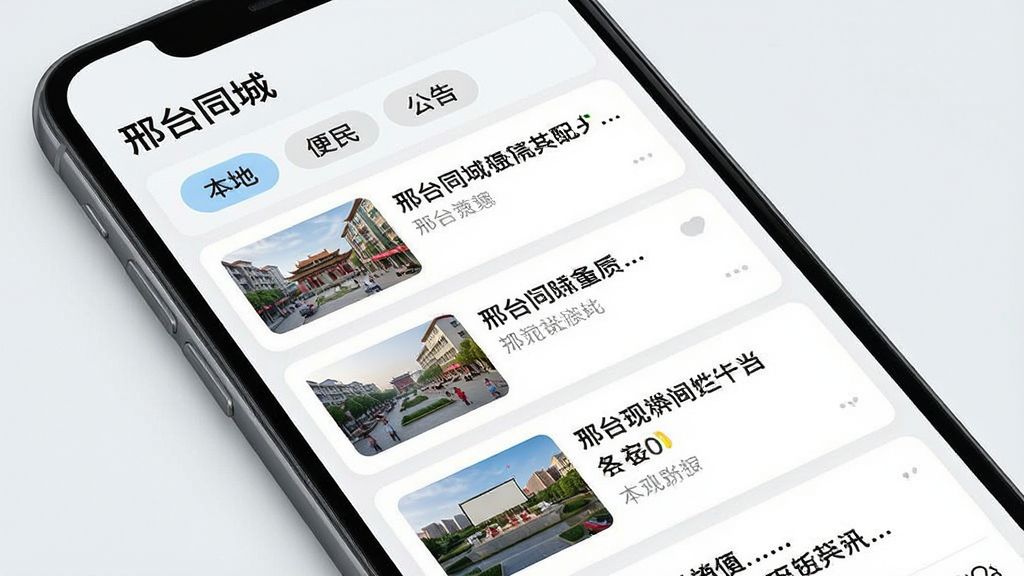 手机界面展示资讯列表页,每条资讯配有缩略图与标题,顶部有“邢台同城”文字标识,分类标签包含“本地”“便民”“公告”,背景为浅色卡片式布局,风格清爽现代,细节丰富,画质干净