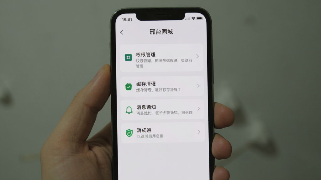 手机屏幕展示“邢台同城”应用设置页面,包含权限管理、缓存清理、消息通知等选项,界面采用浅灰与白色搭配的极简风格,图标线条简洁,布局清晰有序,画质干净