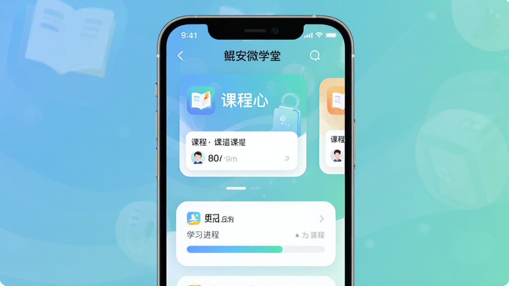 主体为一部竖屏智能手机,屏幕中央展示“鲲安微学堂”应用界面,布局为顶部课程卡片与下方学习进度条,排版简洁清晰,风格为现代扁平化教育类UI,细节包含柔和的蓝绿色渐变背景、圆角图标与白色内容卡片,画质高清,画面干净,无多余元素