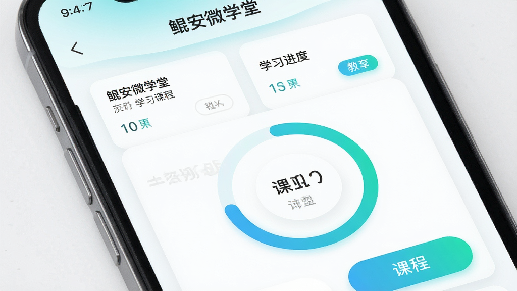 主体为手机屏幕特写,画面中央显示“鲲安微学堂”学习进度页面,布局为纵向排列的课程卡片与环形进度条,排版整齐,风格为清新浅色系教育应用界面,细节包含柔和的阴影、圆角按钮与蓝绿色高亮标识,画质清晰,干净无杂物