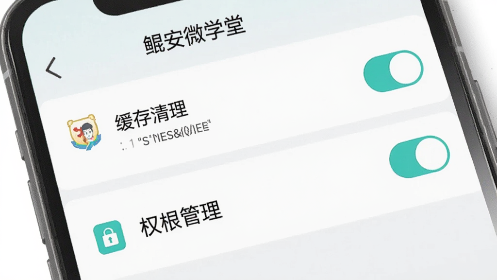 主体为手机屏幕显示“鲲安微学堂”设置页面,布局为纵向列表包含缓存清理与权限管理选项,排版规整,风格为简约工具类应用界面,细节包含灰色分隔线、蓝绿色开关按钮与清晰图标,画质高清,画面干净,无多余元素