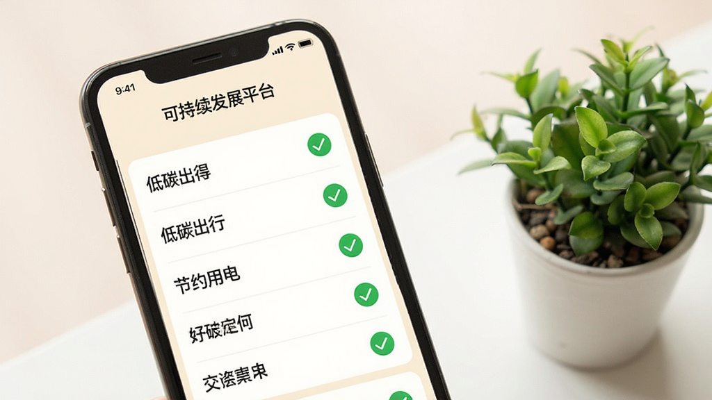 手机屏幕显示“可持续发展平台”应用内的行动清单页面,列有“低碳出行”“节约用电”等条目,旁边配有绿色对勾图标,背景为柔和米白色,画面右侧放置一盆小型绿植,整体风格简洁明快,画质清晰,干净无杂乱
