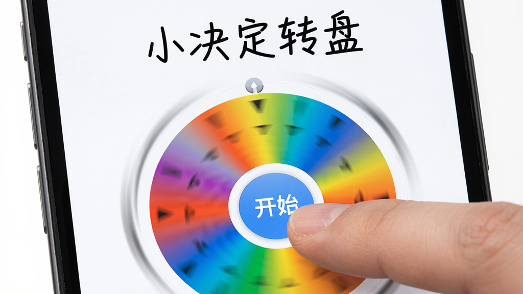 一个手机屏幕中显示着圆形转盘界面,转盘色彩明快,中央有