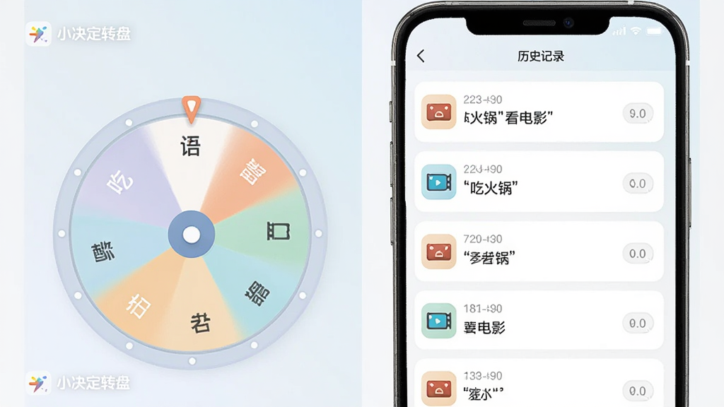 画面展示一个手机应用界面,左侧是转盘主界面,右侧是历史记录列表,列表中显示多条带时间戳的决策结果,如