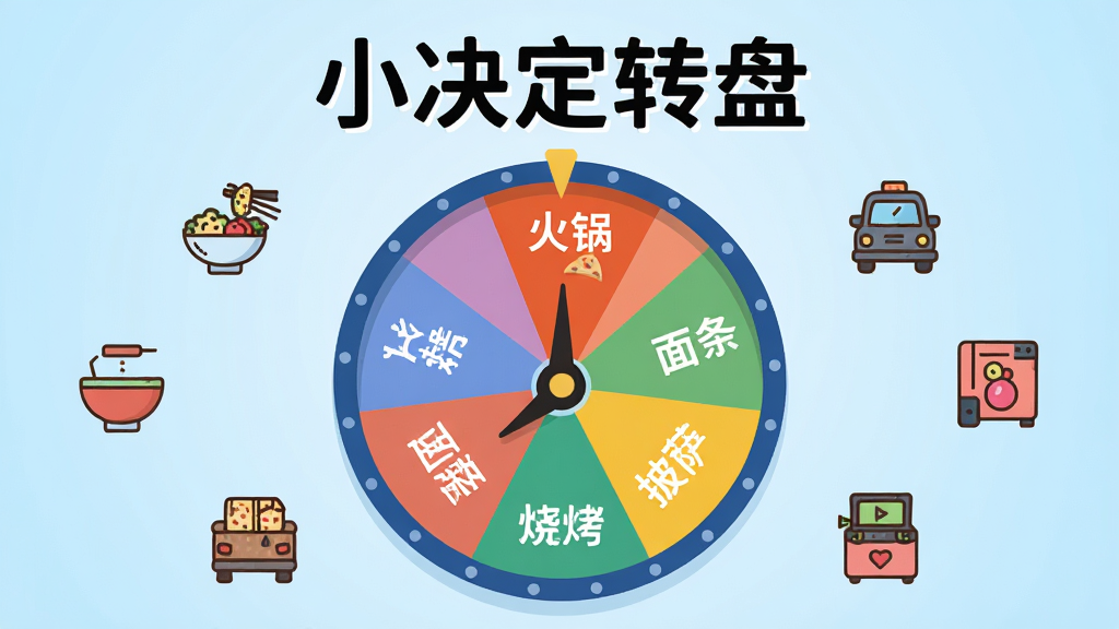 画面中心是一个精致的圆形转盘,转盘被均匀分成多个彩色扇形区域,每个区域上写有日常选项文字如