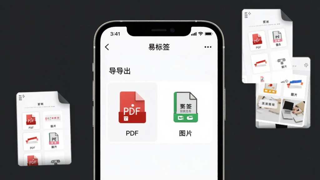 画面主体为一部手机屏幕展示“易标签”导出界面,显示PDF与图片格式选项,屏幕旁边悬浮着几张已导出的标签文件缩略图;布局为手机居中、文件环绕,风格为简洁商务风,细节突出文件格式图标与缩略图的清晰度,画质干净利落,无多余装饰