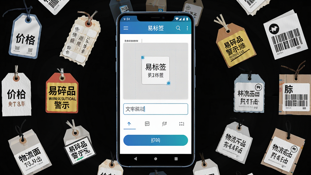 画面主体为一部竖屏安卓手机,屏幕中央展示“易标签”软件的操作界面,界面中包含标签编辑画布、文字输入框与打印按钮;手机周围以环形布局陈列多种已制作完成的标签样式,如价格标签、易碎品警示贴、物流面单;整体排版简洁清晰,风格为现代扁平化科技风,细节上突出手机屏幕的高亮与标签纸张的质感对比,画质清晰干净,无多余装饰元素