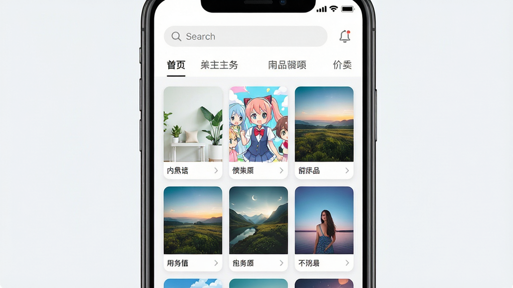 一张手机屏幕正面展示桌面壁纸应用主界面的图片,画面中央是整齐排列的多种风格壁纸缩略图卡片,包含简约清新、卡通动漫、风景摄影等分类标签,顶部有搜索栏与分类导航,整体布局干净清爽,风格为现代扁平化UI设计,细节上突出高清画质与色彩饱满的壁纸预览效果,画质清晰,干净,无多余元素