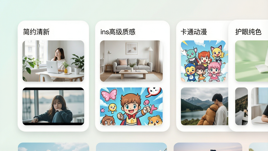 一张展示桌面壁纸应用内壁纸分类页面的图片,画面中呈现多个横向滑动的壁纸专题卡片,包括“简约清新”“ins高级质感”“卡通动漫”“护眼纯色”等分类标题,每张卡片下方配有高清壁纸缩略图,整体采用柔和浅色背景与圆角卡片设计,风格清新现代,细节上突出壁纸画质细腻与分类清晰,画质清晰,干净,无多余元素
