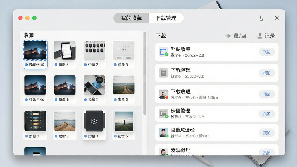 一张展示桌面壁纸应用收藏夹与下载管理页面的图片,画面左侧为收藏列表缩略图,右侧为下载记录列表,顶部有“我的收藏”“下载管理”两个标签页切换,整体布局规整,采用浅灰底色与白色卡片搭配,风格素雅简洁,细节上突出条目清晰与操作顺手,画质清晰,干净,无多余元素