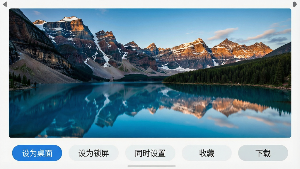 一张手机界面截图风格的图片,展示桌面壁纸应用的全屏预览页面,画面中央是一张高清风景壁纸,底部排列着“设为桌面”“设为锁屏”“同时设置”“收藏”“下载”等操作按钮,按钮为圆角胶囊样式,整体配色清爽,风格简洁直观,细节上突出操作便捷与壁纸高清质感,画质清晰,干净,无多余元素