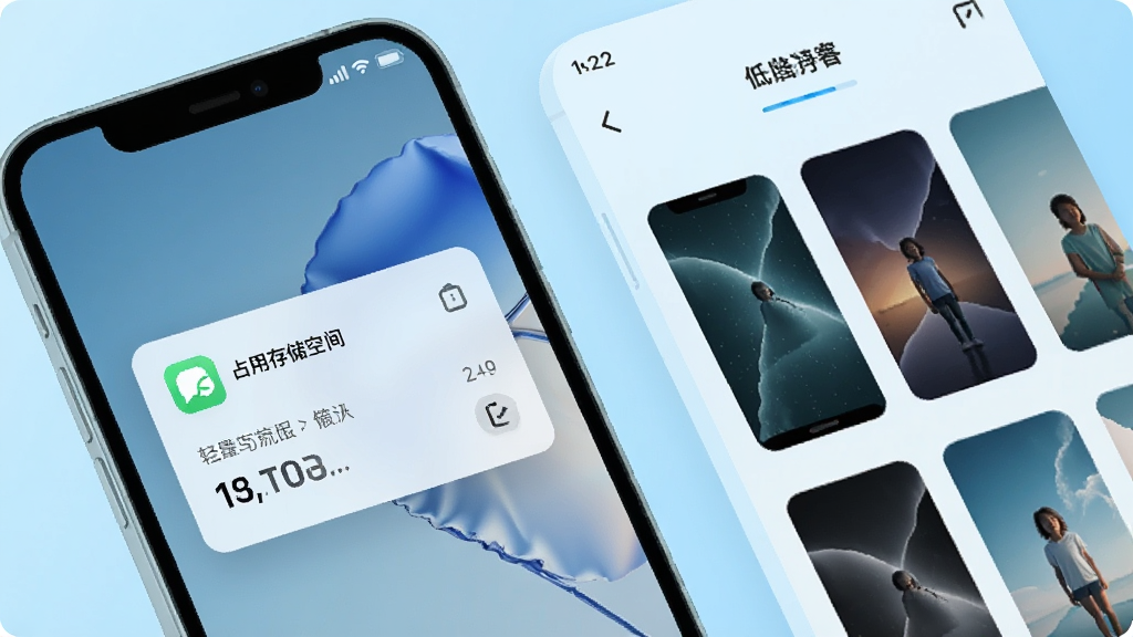 一张手机性能与存储管理界面的示意图,画面中展示桌面壁纸应用占用存储空间较小的数据卡片,旁边配有流畅滑动的壁纸浏览界面缩略图,整体风格为科技感浅蓝色调,布局简洁,细节上突出轻量流畅与低占用特点,画质清晰,干净,无多余元素