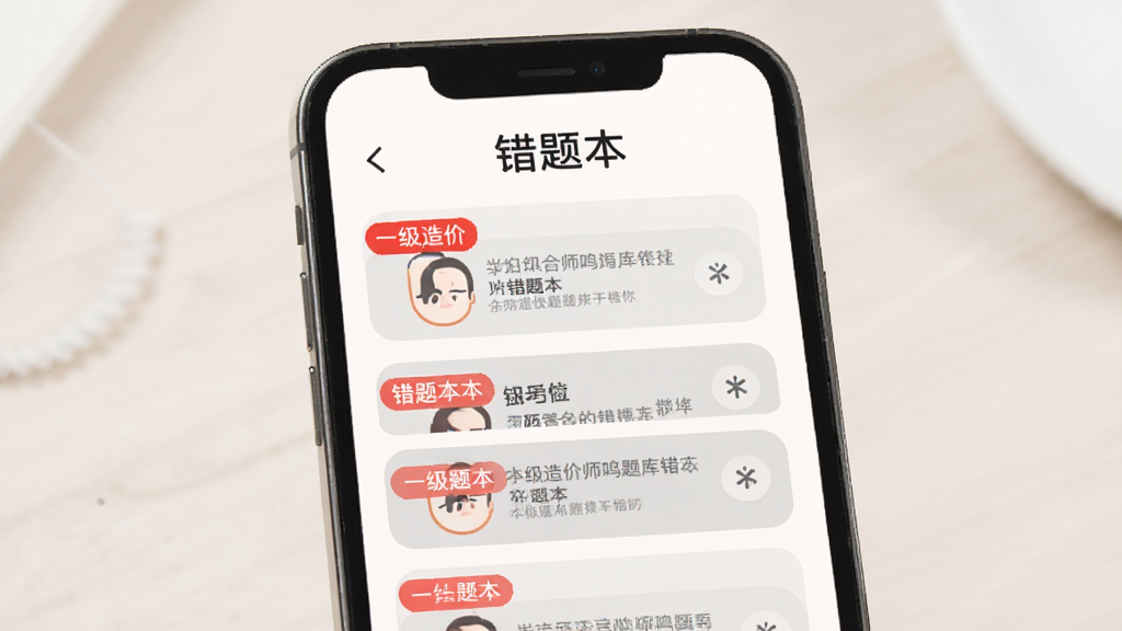 一级造价师鸣题库错题本功能展示,画面主体为手机屏幕,屏幕中显示错题列表与红色标记,标题文字为“错题本”,布局为纵向列表结构,风格柔和圆角设计,细节包含红色标签与灰色题干预览,画质清晰干净,无多余元素