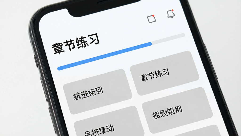 一级造价师鸣题库章节练习界面,主体为手机屏幕特写,屏幕上显示章节列表与进度条,标题文字为“章节练习”,布局为上下结构,风格清新浅色系扁平设计,细节包含蓝色进度条与灰色章节卡片,画质清晰干净,无多余元素
