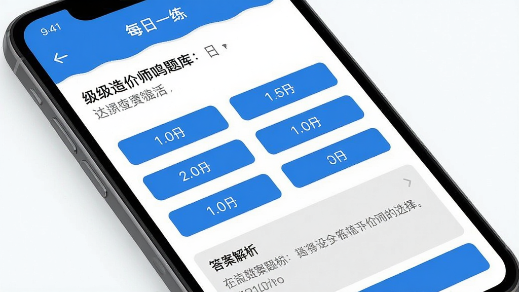 一级造价师鸣题库移动端答题界面,主体为手机屏幕特写,屏幕中显示一道选择题与四个选项,底部有答案解析区域,标题文字为“每日一练”,布局为上下分层结构,风格清爽素雅的扁平化设计,细节包含蓝色选项按钮与灰色解析文字,画质清晰干净,无多余元素