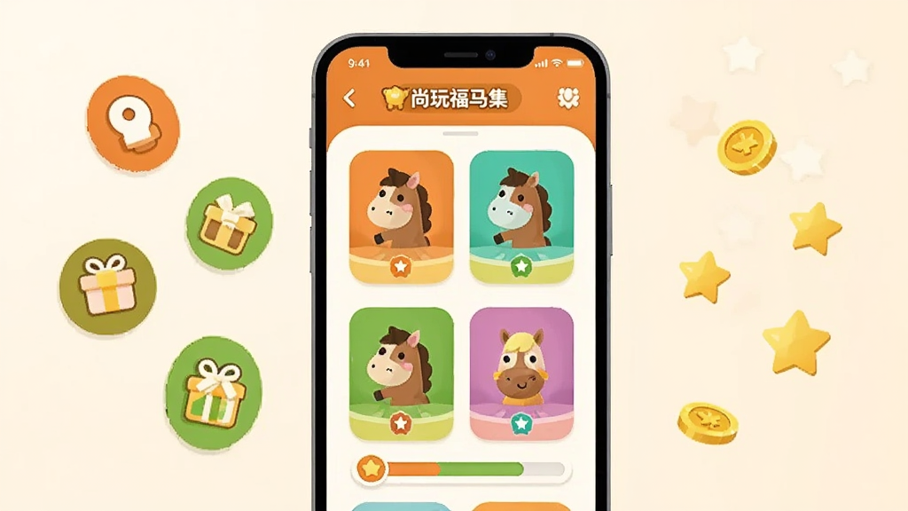 画面中央放置一部智能手机,屏幕内展示尚玩福马集的卡通马主题收集界面,界面中包含多个彩色卡片与进度条元素;手机左侧漂浮若干圆形图标代表任务与奖励,右侧散落星星与金币装饰;整体采用扁平化插画风格,色调以暖橙与草绿为主,背景为浅米色渐变;画面干净整洁,无多余文字,画质清晰细腻,适合软件下载站展示