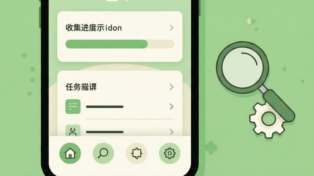 画面展示手机应用主界面的扁平化示意图,底部导航栏包含四个圆形图标,主区域分为上下两个卡片模块,上方为收集进度展示区,下方为任务列表区;整体配色以浅绿与米白为主,图标线条简洁;画面右侧放置一个放大镜与齿轮插画表示设置与搜索功能;风格为现代简约扁平插画,画质干净,无文字元素