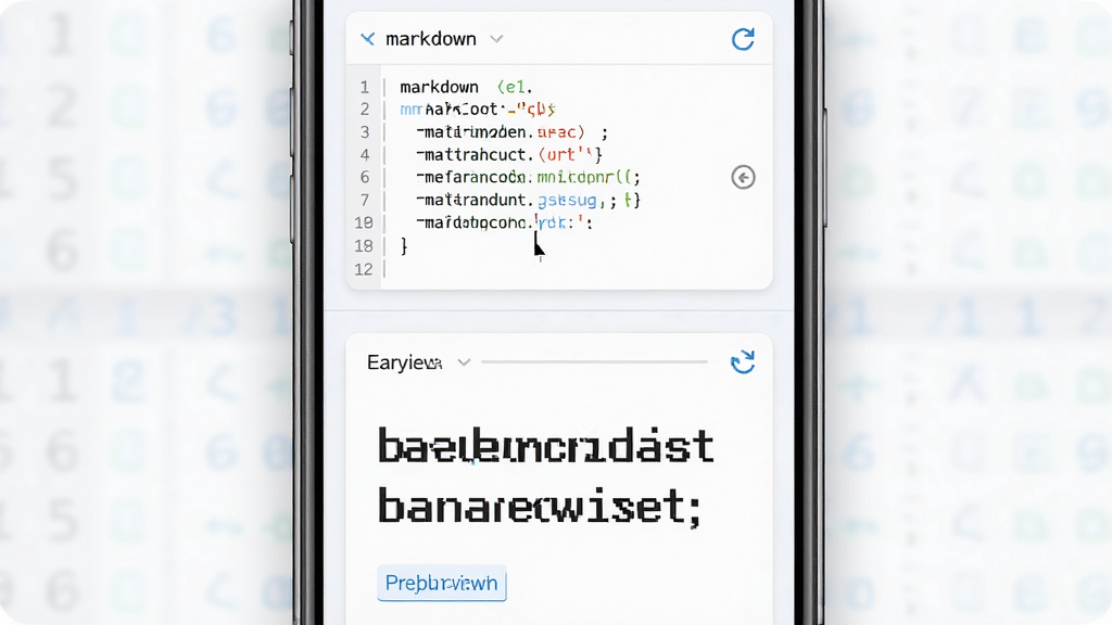 MarkdownH 实时预览功能展示图,主体为手机屏幕上下分屏,上半部分为 Markdown 源码输入下半部分为渲染后排版效果,布局对称清晰,排版采用浅色卡片式分区,风格清新简约,细节包含光标、行号、预览刷新图标,画质干净无多余元素