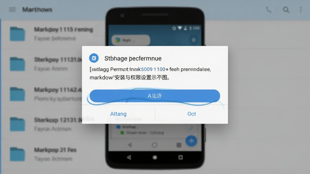 MarkdownH 安装与权限设置示意图,主体为安卓手机弹出存储权限授权对话框,布局为居中弹窗加背景文件列表虚化,排版突出允许按钮,风格为系统原生设置风,细节包含权限说明文字与两个操作按钮,画质清晰干净无多余元素