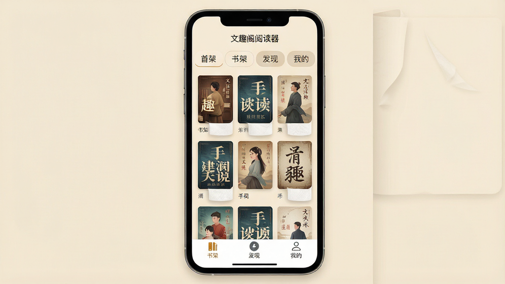 一张手机屏幕展示小说阅读界面的场景图,画面中央是“文趣阁阅读器”应用主界面,顶部显示书架分类标签,中部为整齐排列的小说封面网格,底部有书架、发现、我的三个导航按钮,整体采用浅米色护眼背景,排版简洁清晰,风格为扁平化UI设计,细节包含翻页动画残留的纸张纹理,画质高清,画面干净,无多余元素